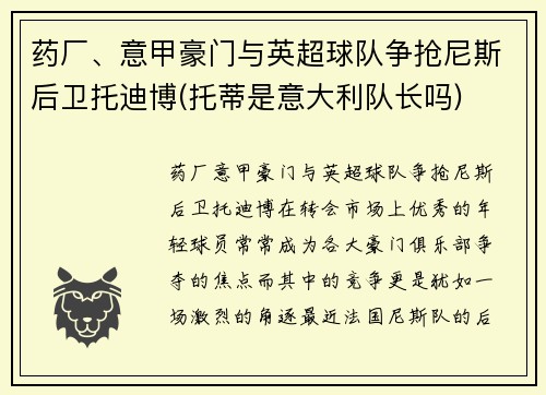 药厂、意甲豪门与英超球队争抢尼斯后卫托迪博(托蒂是意大利队长吗)