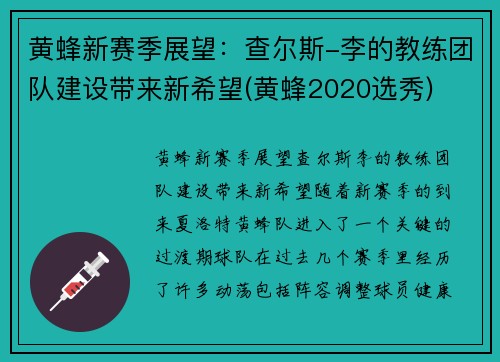 黄蜂新赛季展望：查尔斯-李的教练团队建设带来新希望(黄蜂2020选秀)
