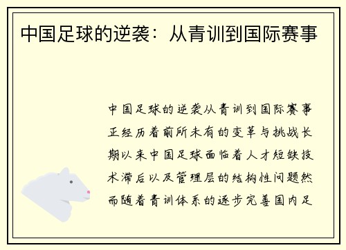 中国足球的逆袭：从青训到国际赛事